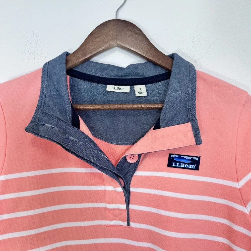 L.L. Bean Womens Soft Cotton Rugby Henley Collar Long Sleeve Pink Coral Petite S - Picture 5 of 8